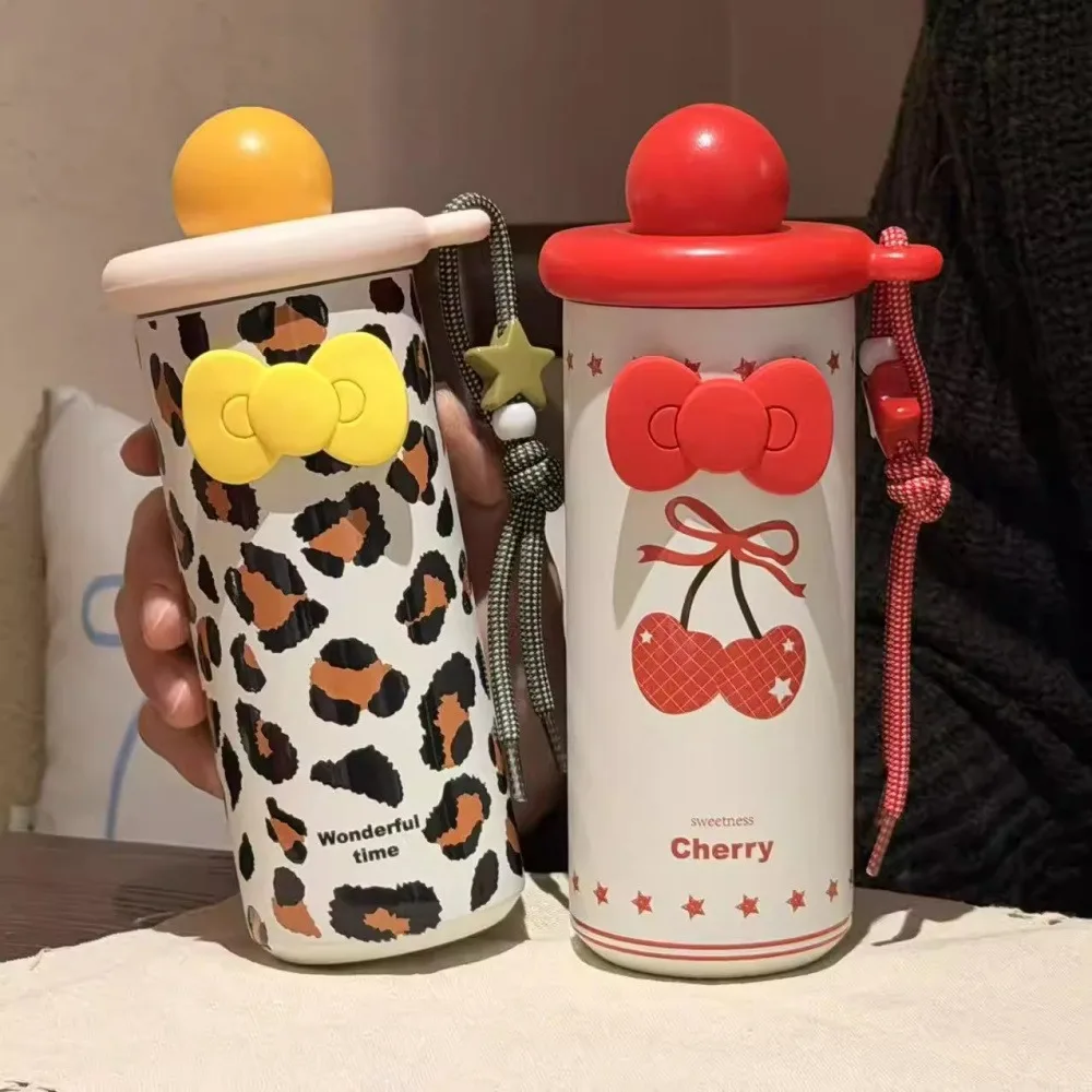 Cute Cherry Thermal Water Bottle With Straw Bow Sticker Stainless Steel Thermos For Hot Cold Coffee Tea 550ml Insulating Tumbler