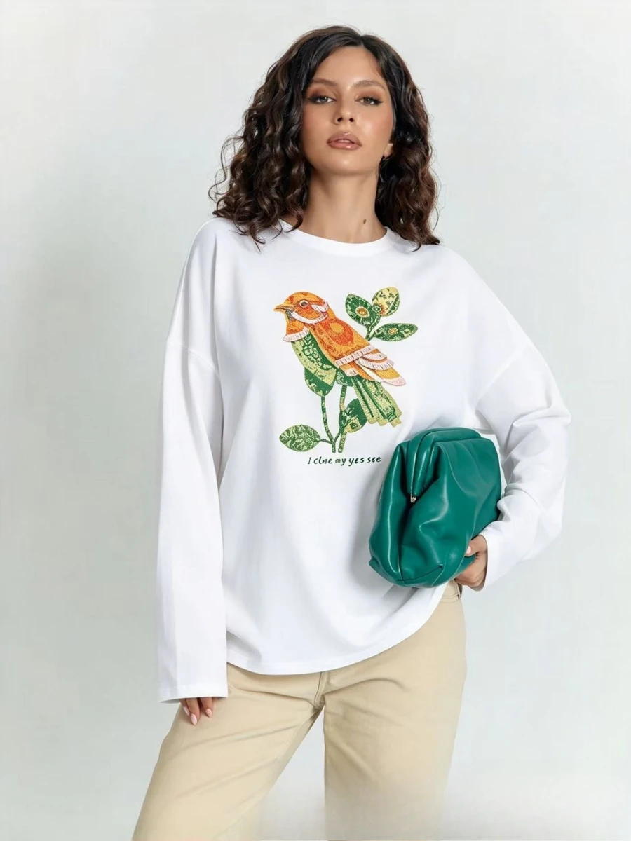 Spring Autumn Women's 100% Cotton Long SleeveRetro Bird Floral Print Fashion T Shirt Loose Fit Tees Casual Daily Wear Top