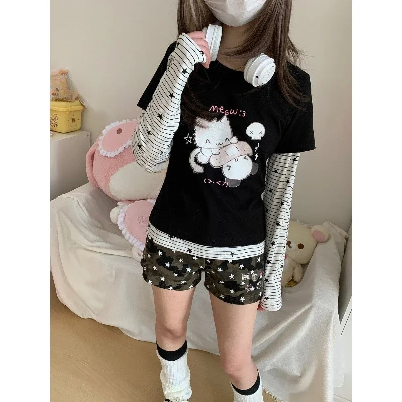 Y2k Korean Vintage Stars Print Shorts Women Casual Bodycon American Retro Camouflage Shorts 2000s Hot Girl Spring Summer