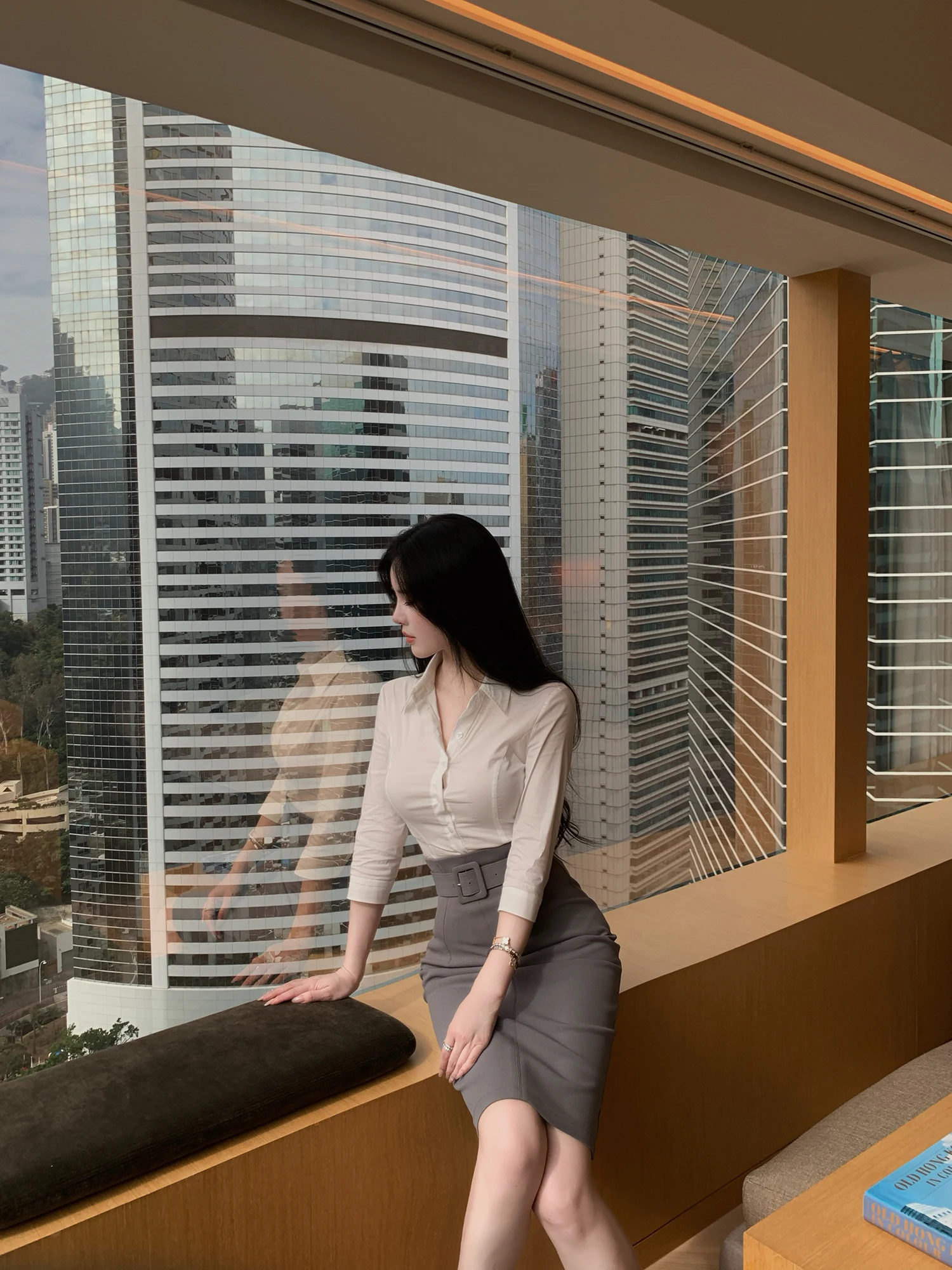 

Slim Fit Shirt Smart Love Fashion Commute Slimming Shirt Belted Skirt Ensemble the Swan Casual Workwear Spring Cotton Blend