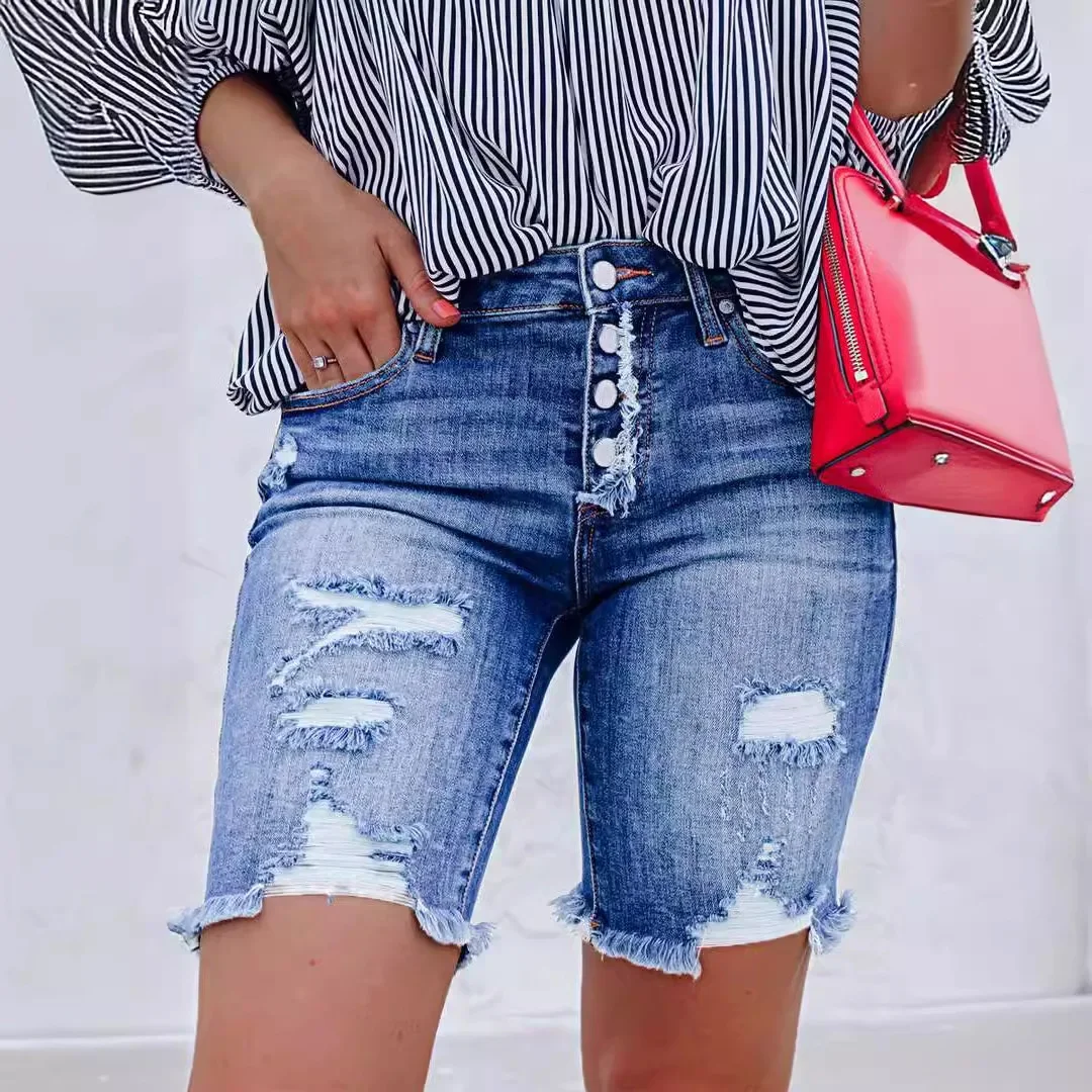 Denim Hole Ripped Jeans Women Knee Length Straight Pants Jeans Button High Waist Pockets Y2k Streetwear Skinny Summer Mom