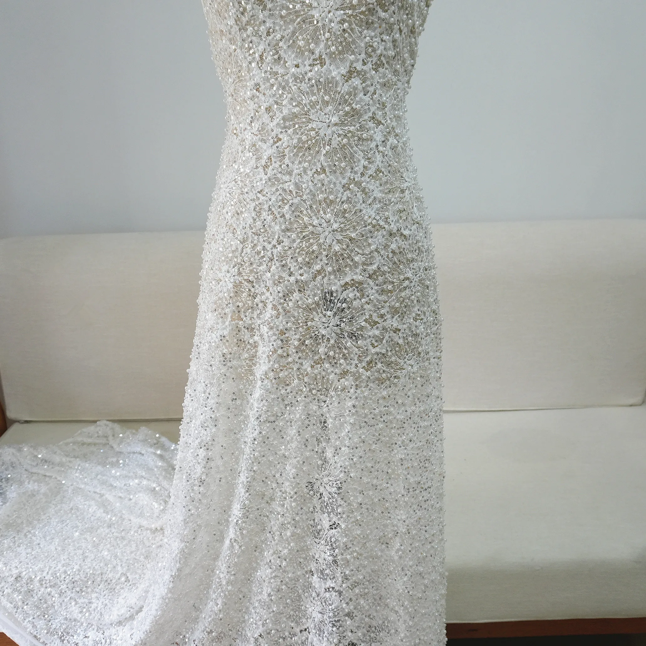 

New pearl white bride lace fabric with full pearl embroidery luxury pearl decoration wedding dress, high-end custom sewn fabric