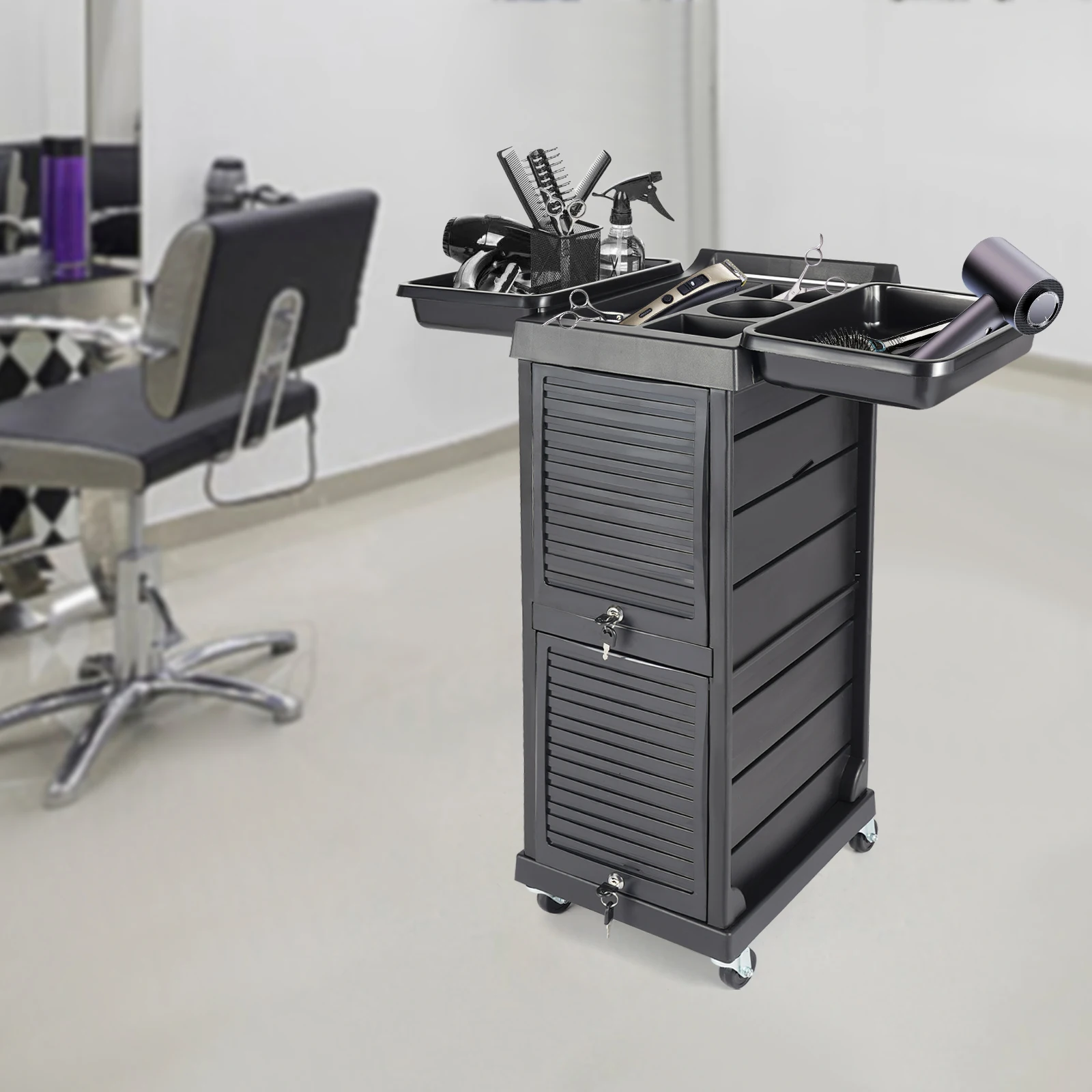 Hair Dye Lifting Rack, Rolling Trolley Cart with 7 Tiers, Lockable Compartments, Retractable Design for Hair Tools, Cosmetics, a