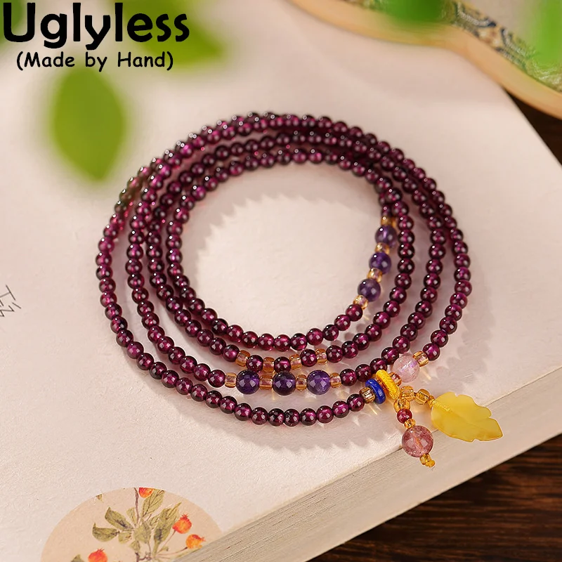 

Uglyless 3MM/4MM MINI Garnet Bracelets Women Multi Loops Circles Gemstones Bracelets Dual-use Long Sweater Necklaces 925 Silver