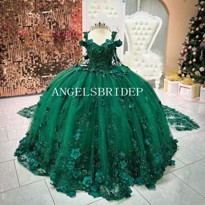 Emerald Green Ball Gown 15 Year Old Quinceanera Dresses 2023 With Wrap 3D Flowers Shiny Girls Birthday Party Dress