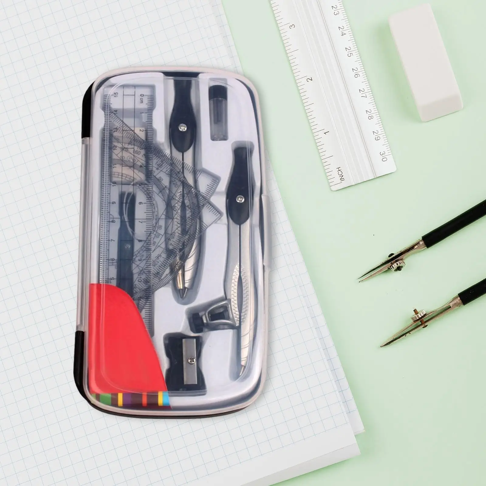 

Math Geometry Kit Protractor Compass Teaching Supplies Eraser Triangle Ruler for