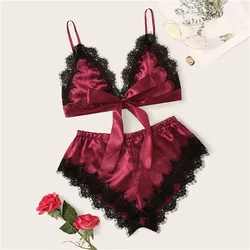 Lace Sexy V-Neck Sleepwear Women's Fashion Sleeveless Satin Pajama Set Cute Top Shorts European American Style Erotic Lingerie