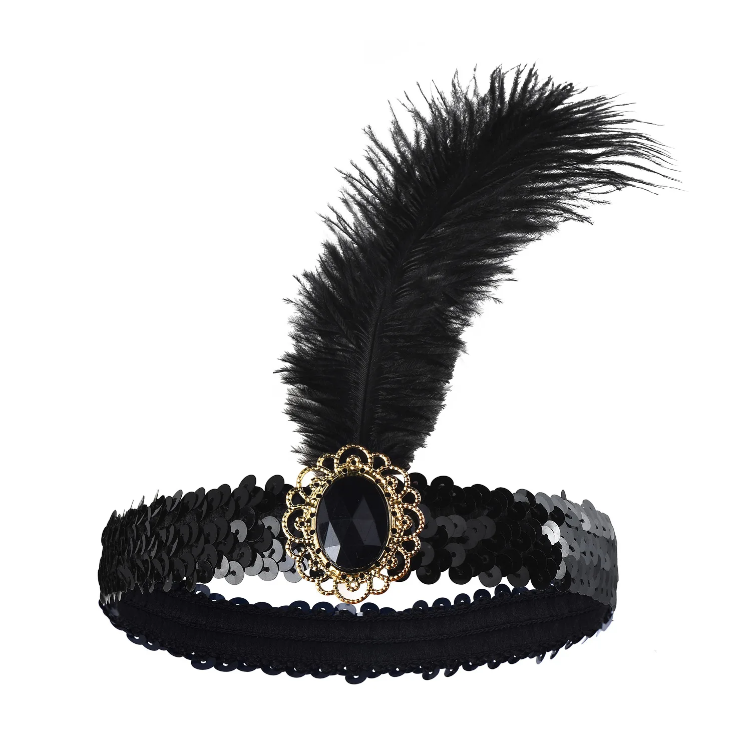 Women\'s Black Hair Accessories Beaded Sequin Hair Band 1920s Retro Gatsby Single Party Ladies Headwear Dress UP Feather Headband