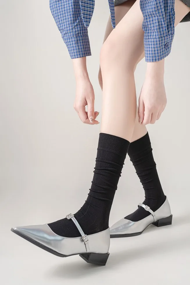 Ultra Thin Solid Grey Stacked Calf Straight Heel Daily Wear Socks For Ladies, Vertical Stripe High Socks With Anti-Pilling