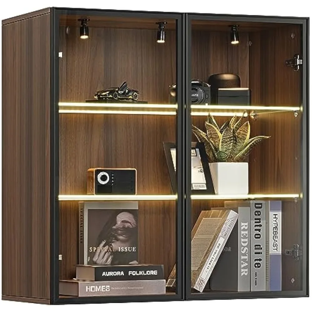 2 Tier Adjustable Shelves Wooden Cabinet with Glass Doors Collection Display Cabinet for Home Office Living Room Bedroom