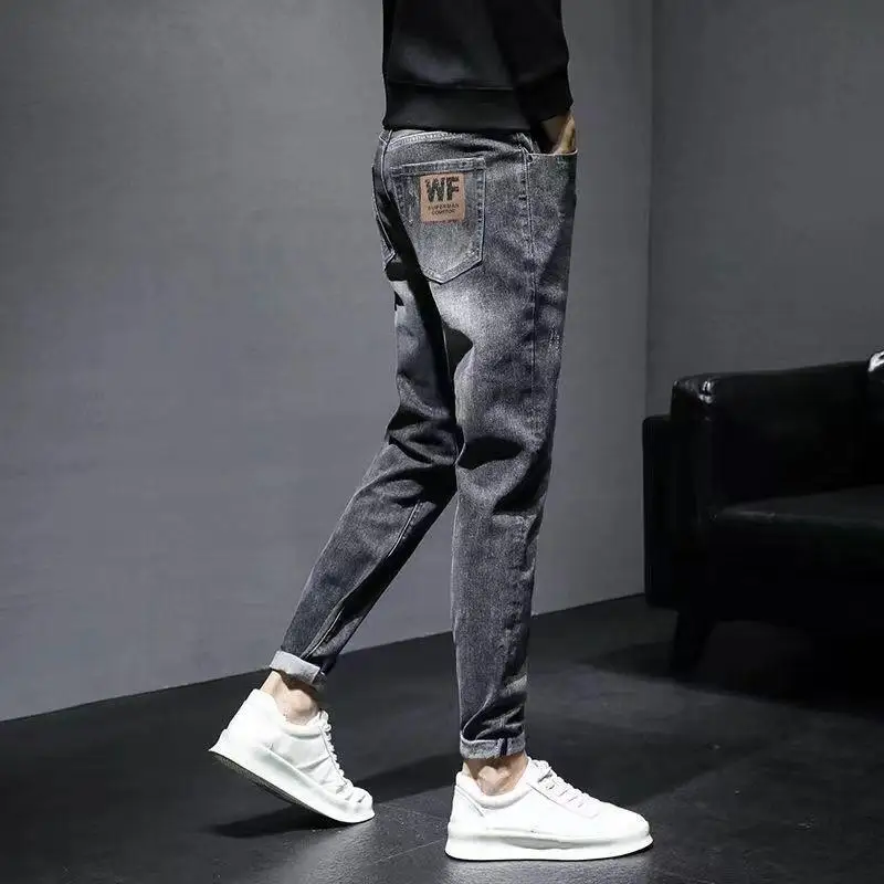 Spring and Autumn Dark Blue Casual Stylish Cargo Denim Harajuku Fashion Designer Clothes Men Slim Boyfriend  Men\'s Jeans Pants