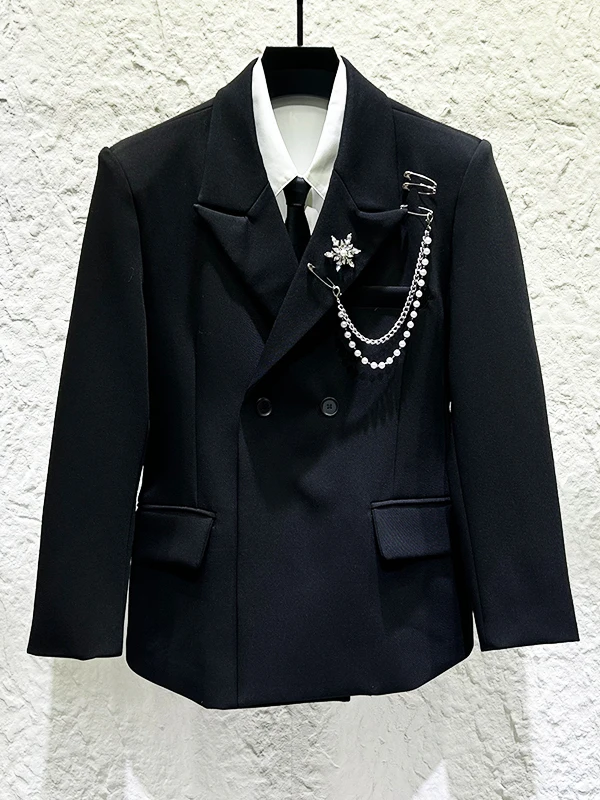 

Модный городской молодежный мужской черный пиджак с металлической цепочкой, повседневный, однобортный, с длинными рукавами, для весеннего сезона