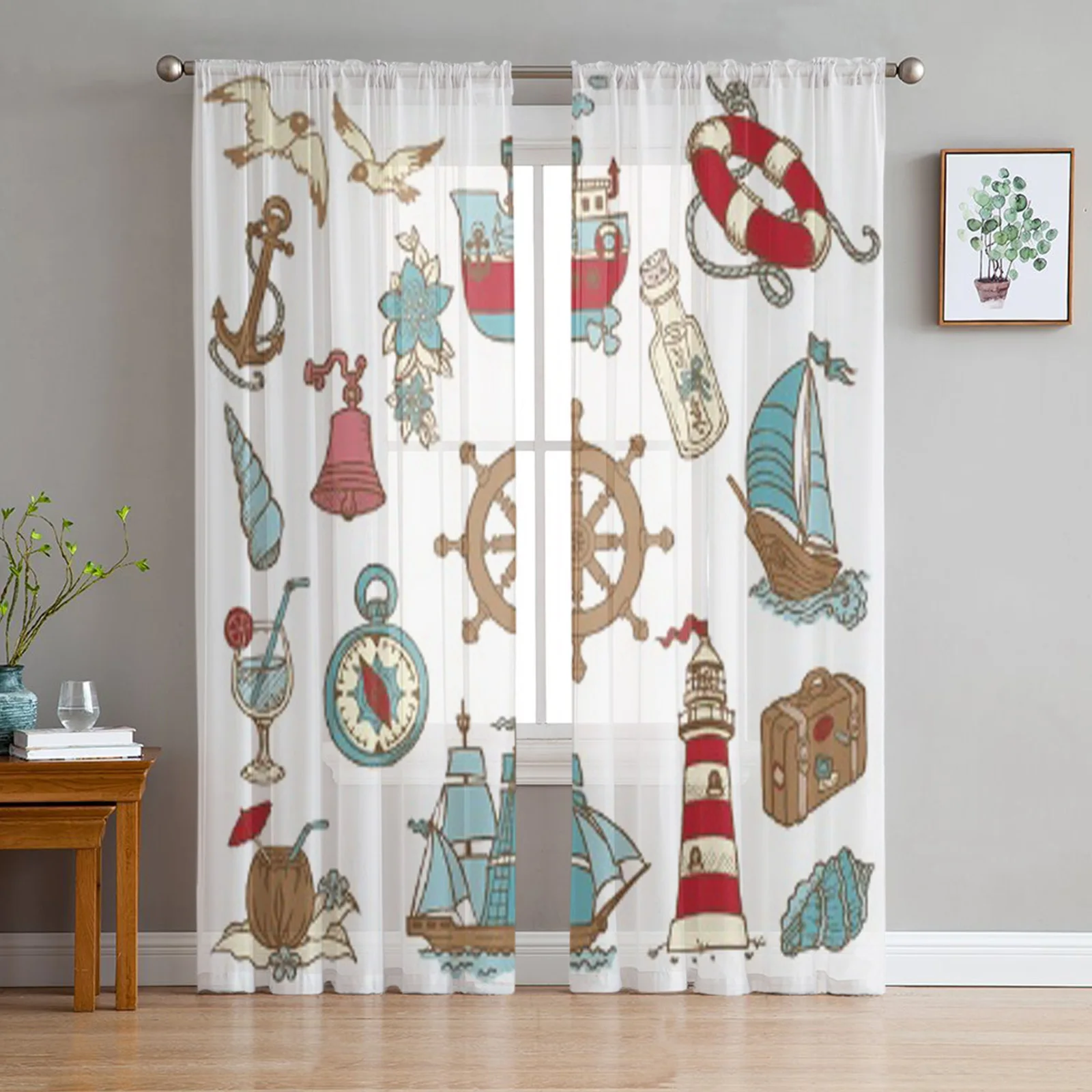 Doodle Sea Elements Sheer Window Curtains for Living Room Girl Bedroom Tulle Curtains Kitchen Veil Chiffon Drapes