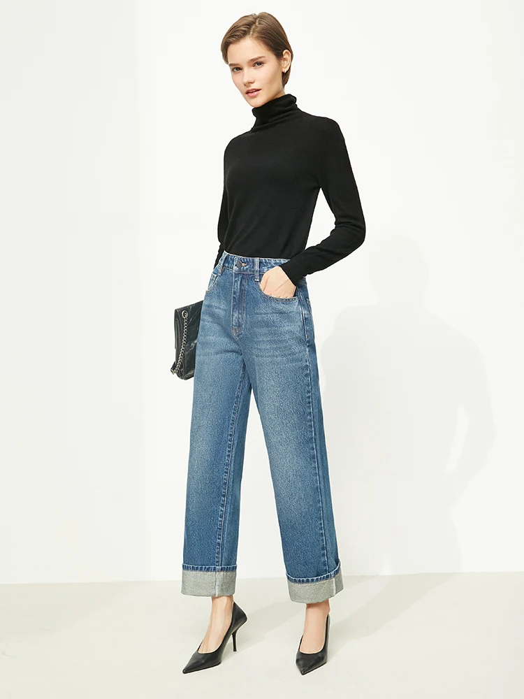 AMII Minimalism Hong Kong Style Women\'s Jeans 2023 Autumn New Loose Wide Leg Pants High Waist Straight Casual Trousers 12343312