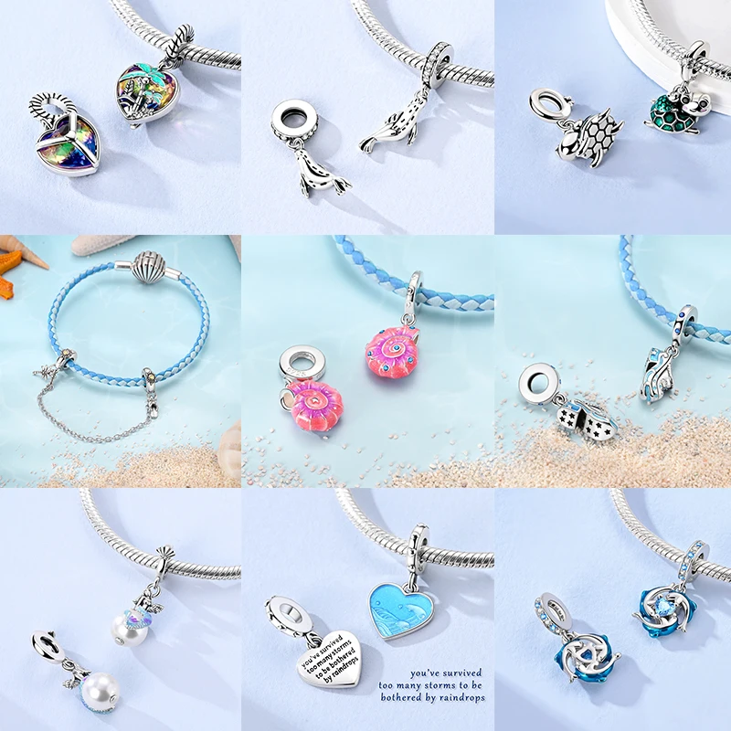 NEU 2026 925 Sterling Silber Anhänger Ozean Schildkröte Strand Frucht Muschel Blau Passend für Original Armreif Armband Halskette DIY Schmuck Geschenk – Detail 6