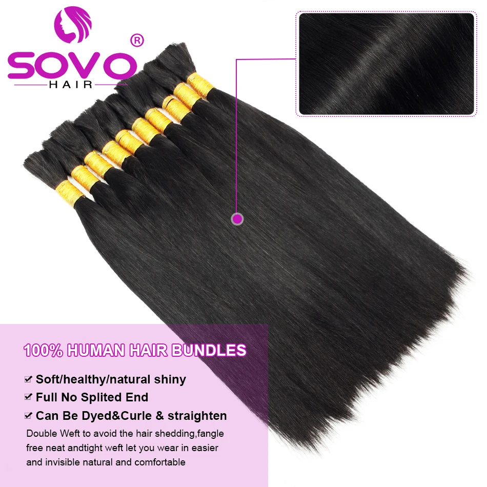 SOVO Brazilian Bulk Hair For Braiding Remy Hair Human Hair Bundles Bone Straight No Weft Natural Braiding Hair Extensions Weaves