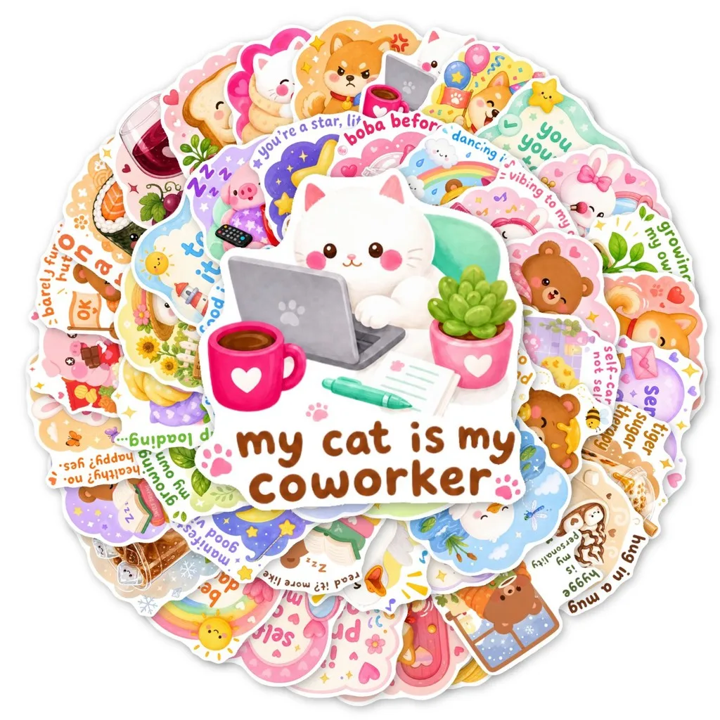 50Pcs Soft Healing Cartoon Stickers, Positive Energy Short Phrases with Inspirational English Texts for DIYGiajar Sticker Store