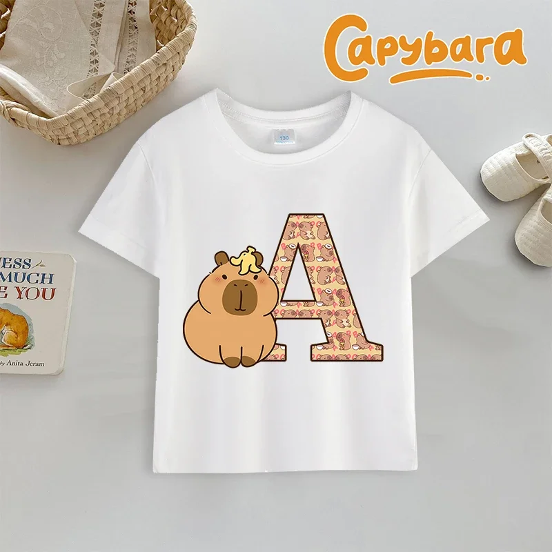 

Capybara T-shirt Letter A-Z Print Tops Cute Cartoon Anime Boys Girls Clothes Cotton Round Neck Toddler Short Sleeve Outdoor Wear
