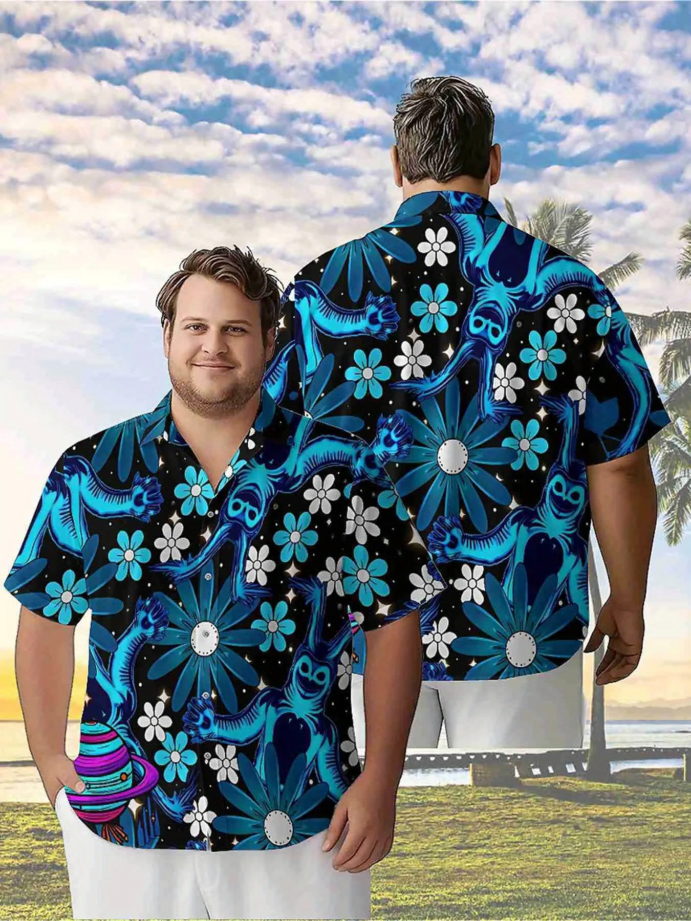 

Men's Plus Size Hawaiian Shirts Universe Flowers pattern, Button Up Shirts, Unisex Casual Clothing, Summer Tops