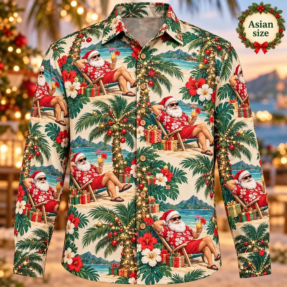 2026 Christmas Tropical Santa Long Sleeve Button Down Shirt for Men 3D Print Polyester Holiday Party Festive Xmas Gift Shirts