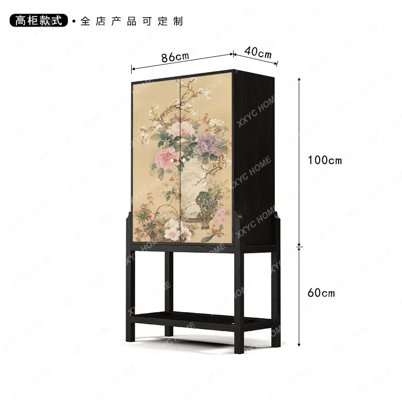 Song Dynasty Aesthetic Bottle Painted Peony Solid Wood High Storage Cabinet Living Room Chinese Style Storage Cabinet