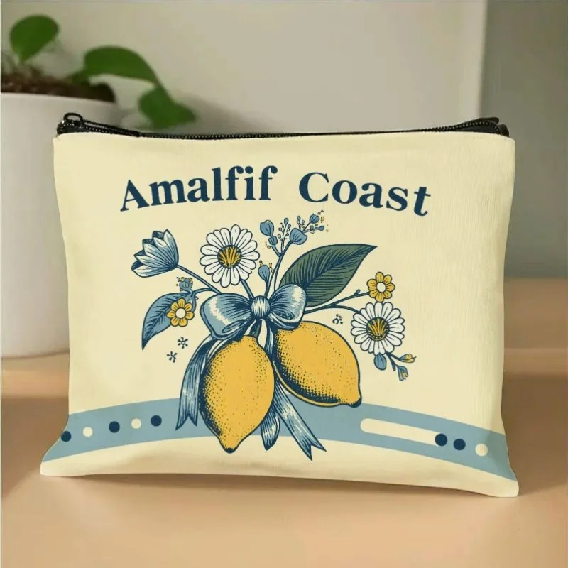 Amalfi Coast Lemon Floral Printed Zipper Pouch Fabric Cosmetic Bag Toiletry Organizer Travel Daily Use Stationery Storage Bag