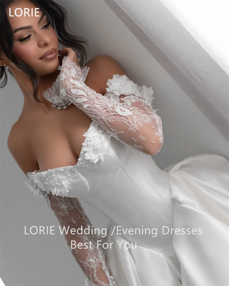 LORIE Lace A-Line Satin Wedding Dresses Off Shoulder Pleat Bride Prom Gown Appliques Floor-Length Elegent Bridal Gown Customized image 4