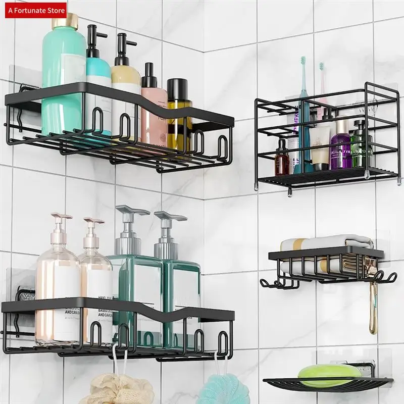 

5 Pack Strong Adhesive Shower Organizer Shelf Soap Dish Holders With Hooks. Rustproof Wall-Mounted Shower Shelves
