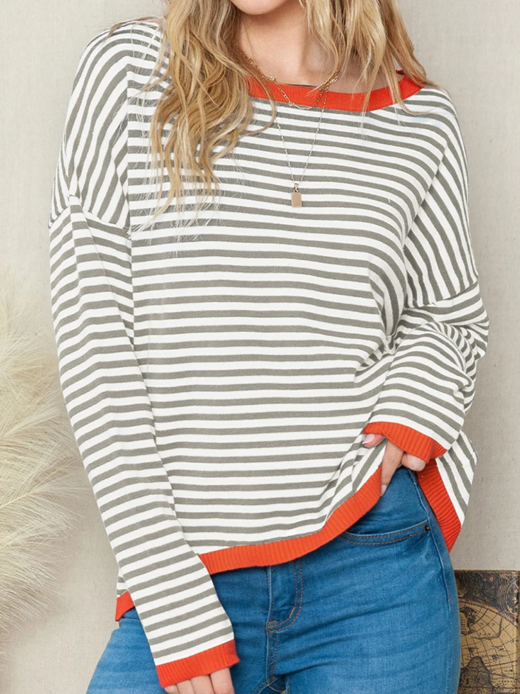 Striped Sweater Women Simple Casual Loose O Neck Knitted Pullover Female Autumn Winter Vintage Long Sleeve All Match Knitwears