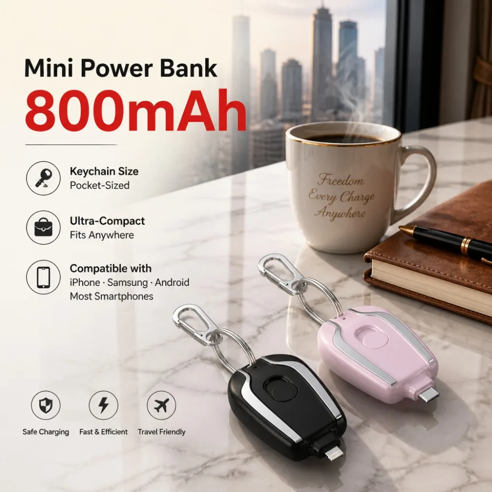 

Mini Keychain Power Bank 800mAh Emergency Charger with Retractable Cable Pocket Battery for iPhone Samsung Travel Must-Have Gift
