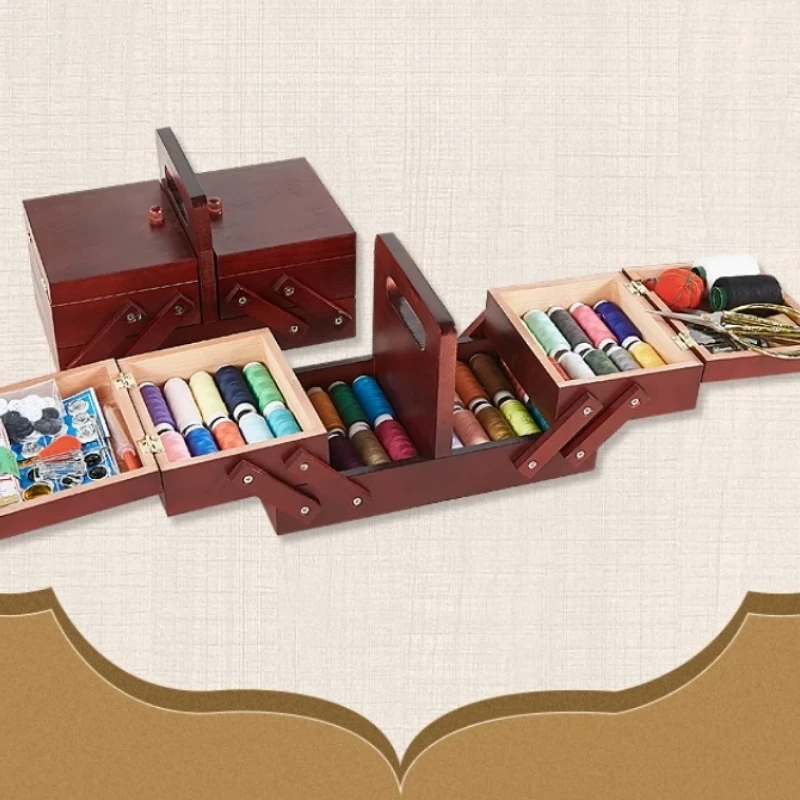 Portable Foldable Wooden Sewing Box Compartment Organizer for Thread Jewelry and Sewing Supplies