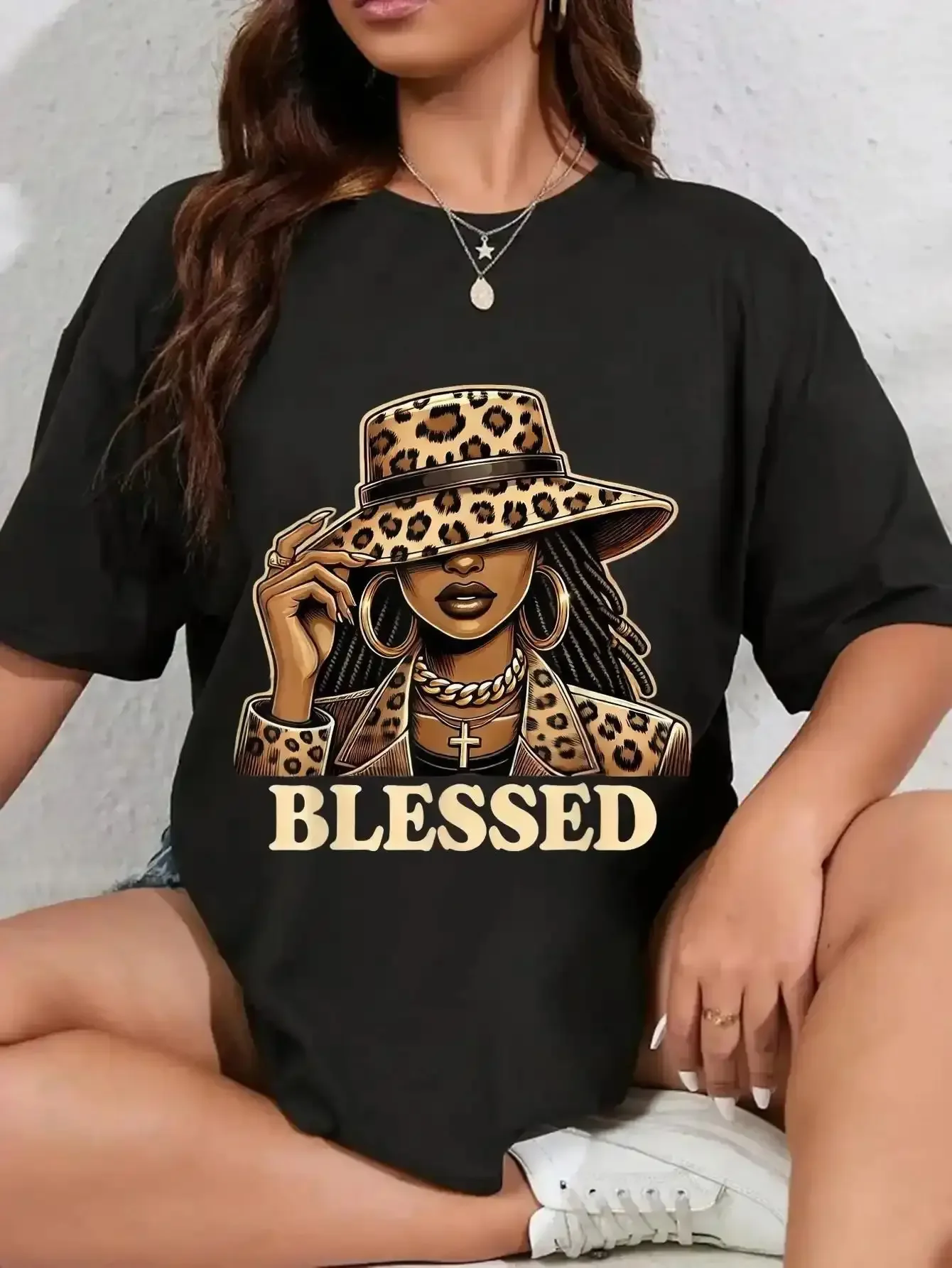 Women's Breathable Graphic Print T-Shirt - Unisex Blessed Black Cowgirl Western Swag African Christian Design Tops (T Shirt-5)