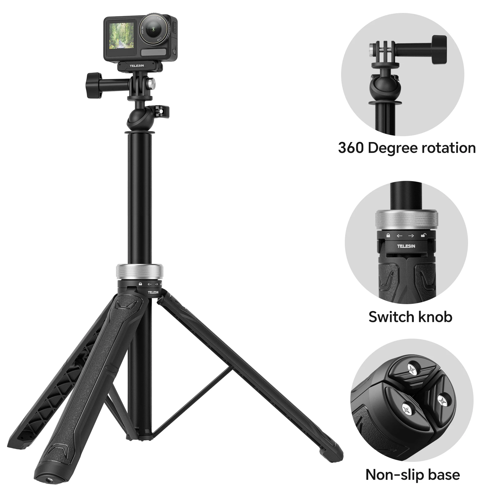 TELESIN 360° Rotation 1.5M Selfie Stick Foldable Tripod For GoPro Hero 13 12 11 10 9 8 7 6 5 Insta360 DJI Osmo Action