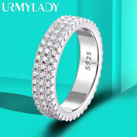 URMYLADY 925 스털링 실버 도금 풀 모이사나이트 링, 18k 이터니티 밴드, 힙합 반지, 스파클링 쥬얼리, 파티