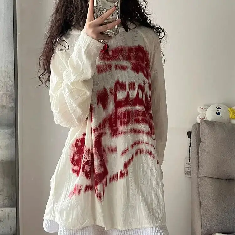 

Autumn New Hooded Sweatshirt Women Punk Print White Pullover American Fashion Loose Casual Hooded Blouse