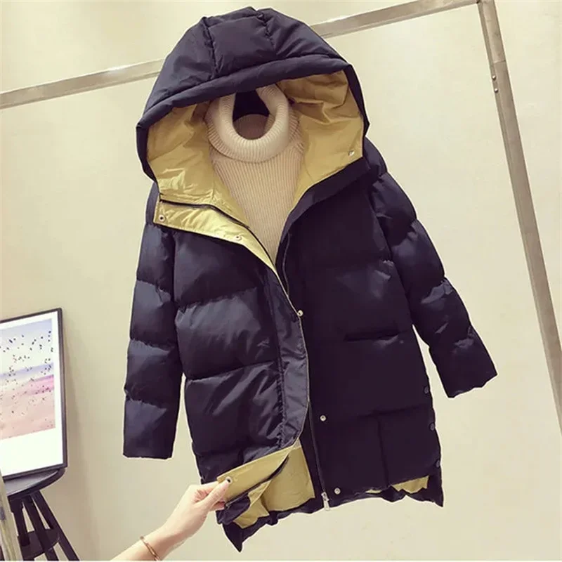 

Casual Loose Windproof Parkas Contrasting Colors Hooded Winter Coats Women Cotton Jacket Mid Length Warm Padded Snow Overcoat