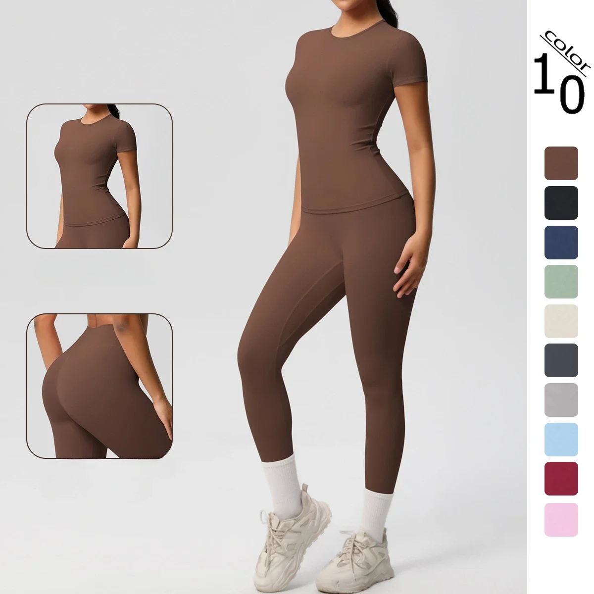 Seamless Yoga Set Sports Fitness Hip-lifting Skinny Double-sided Polished Short-sleeves Suit Workout Gym Tracksuit for Women