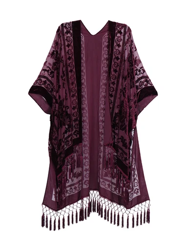 Imagen 2 del producto WeHello-Kimono bohemio de felpa quemado para mujer, cárdigan largo con borlas moradas para playa, chal informal para vacaciones, JYPF-20
