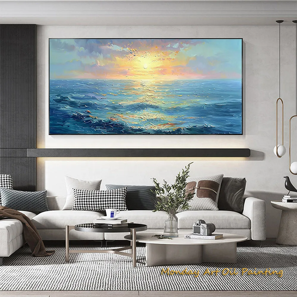 

Original Seascape Oil Painting On Canvas Large Textured Sea Landscape Sunrise Ocean Wall Art Custom Modern Trendy Room Decor