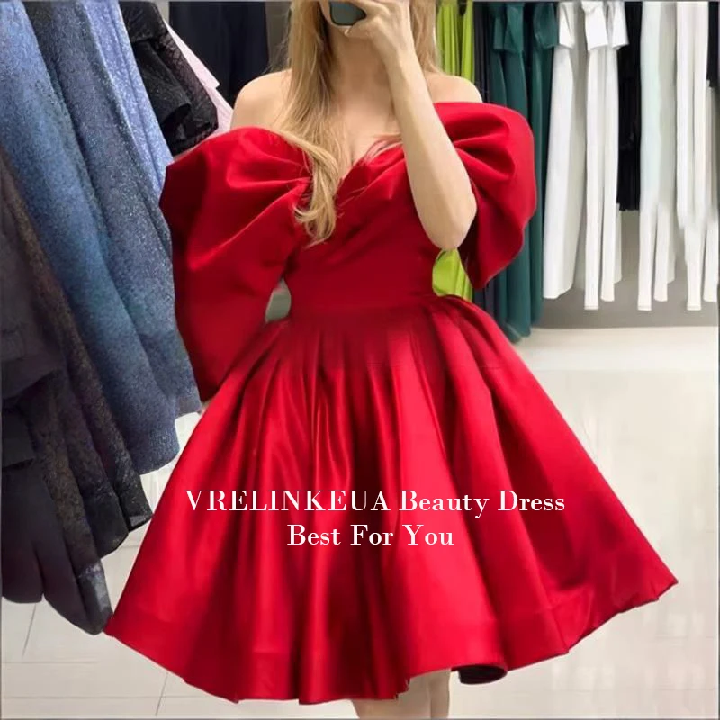 

Off Shoulder Mini Graduation Dress Short Prom Dress A Line Satin Homecoming Dresses For Teens Customized Wedding Party Dress