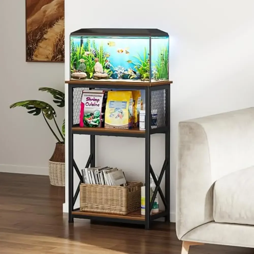 3 Tier Fish Tank Stand Aquarium Storage Shelf Metal Support 10 Gallon Strong Wooden Frame Easy Assembly Stylish Design Rustic