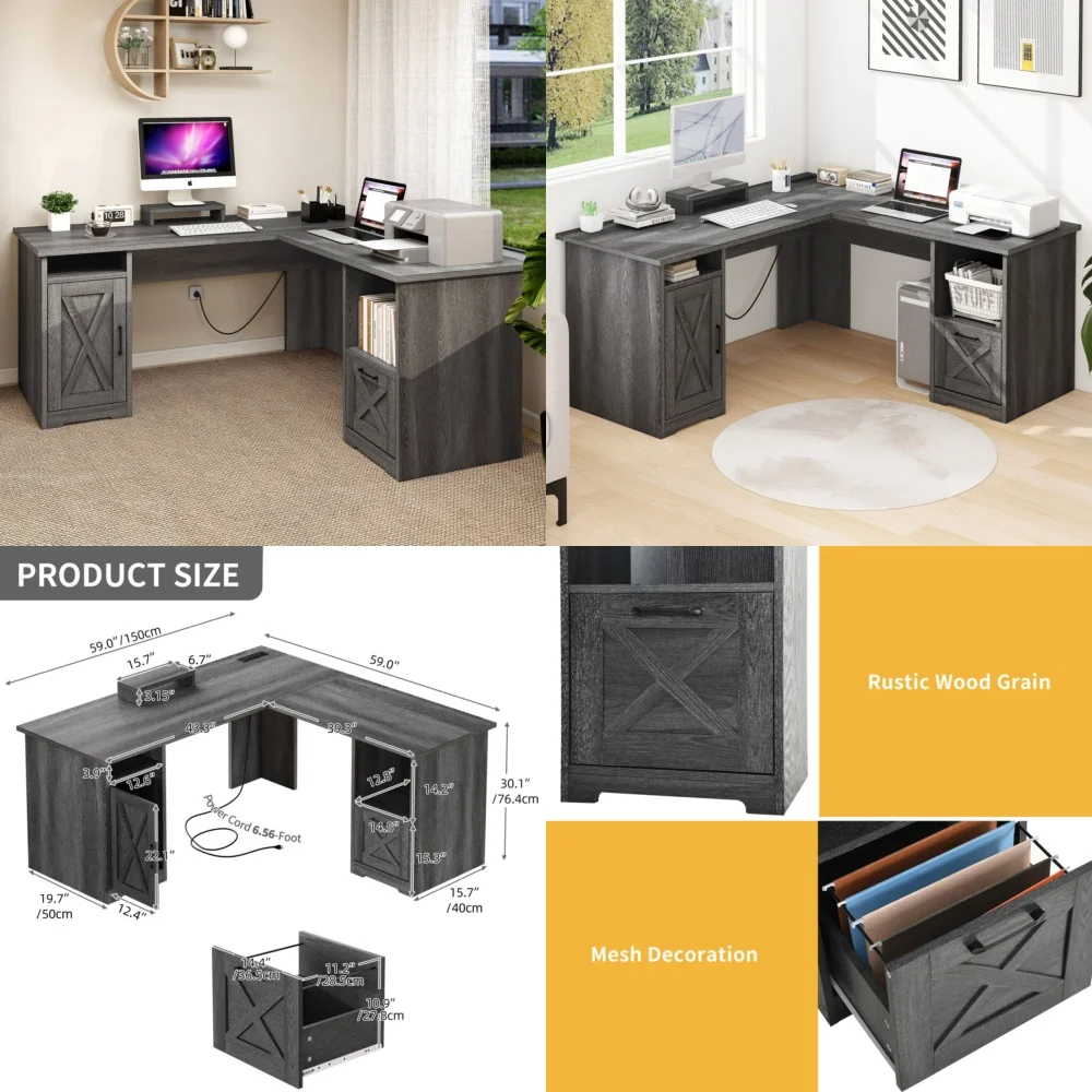 

Computer DesksL Shaped Gaming Desk with File Drawer Corner PC Laptop Table Power Outlets
