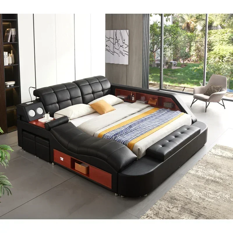 Upholstered Storage Bed Frame, Massage Chaise Lounge on Left, King Size,Suitable for Bedrooms, Black