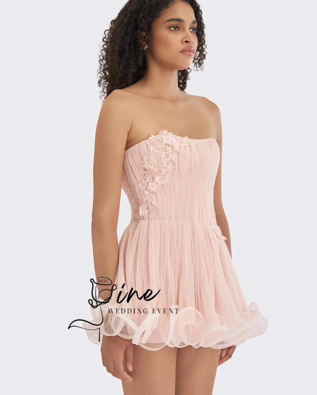 Oine Cute Strapless Mesh Mini Birthday Dress Pretty Lace Floral Appliques Prom Evening Gown Puffy Ruffles Tulle Party Customized