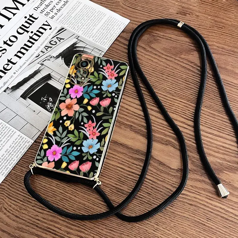 Color Flower Lanyard Plating Phone Case For Xiaomi Redmi Note 11 Pro Plus 12Pro Plus 11 11S 10 Pro 12 9S 8 Pro Cover
