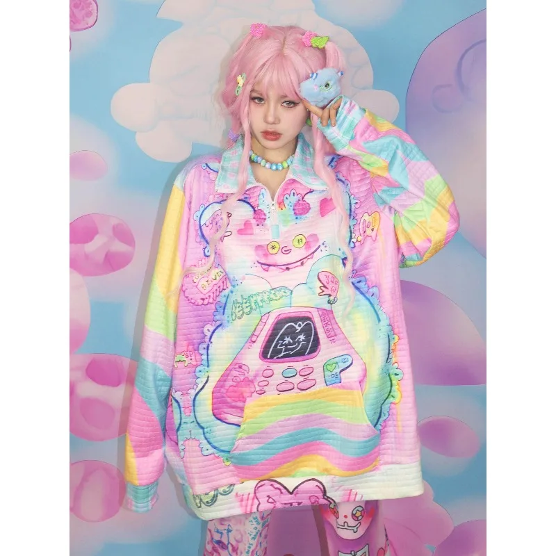 

Harajuku Sweatshirt Kawaii Y2K Cosplay Costume 3D Printed Subculture Rainbow Dopamine Top for Women Anime Carnival Party