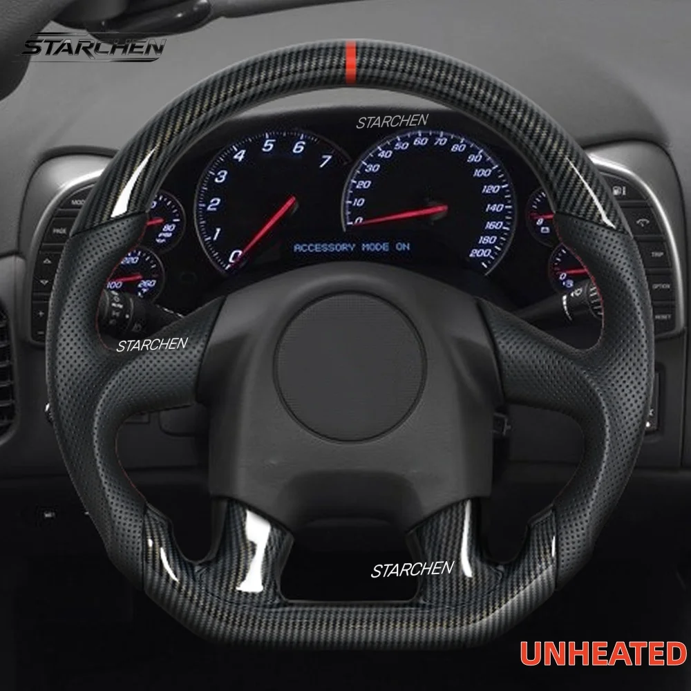 Hydro-Dip Carbon Fiber Steering Wheel For Chevy Corvette C6 4 Spoke 2005 Non-Heated with Perforated Leather Grips Red Stripe and Stitching(C6 4 SPOKE 2005 ONLY)