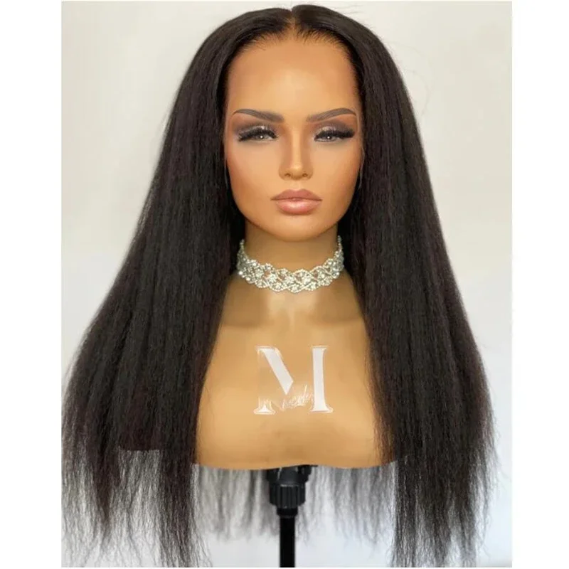 

Yaki Kinky Straight Lace Front Wig Soft Natural Black 30Inch For Black Women With Preplucked Baby Hair Synthetic Glueless Wig