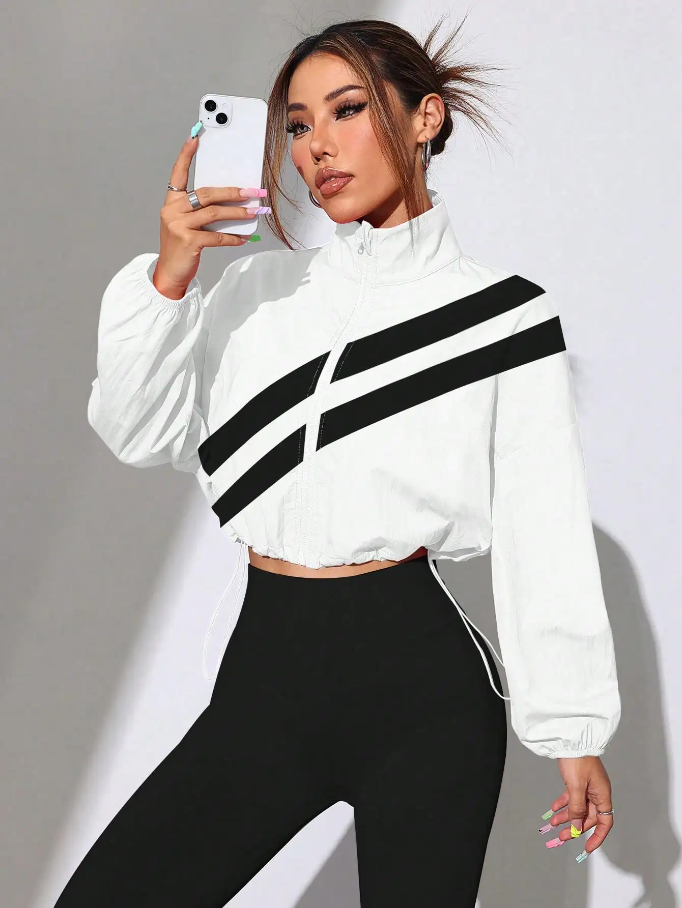 Jaqueta Esportiva Feminina com Zíper e Blocos de Cores, Com Cordão na Barra, Moda Casual para Primavera e Outono