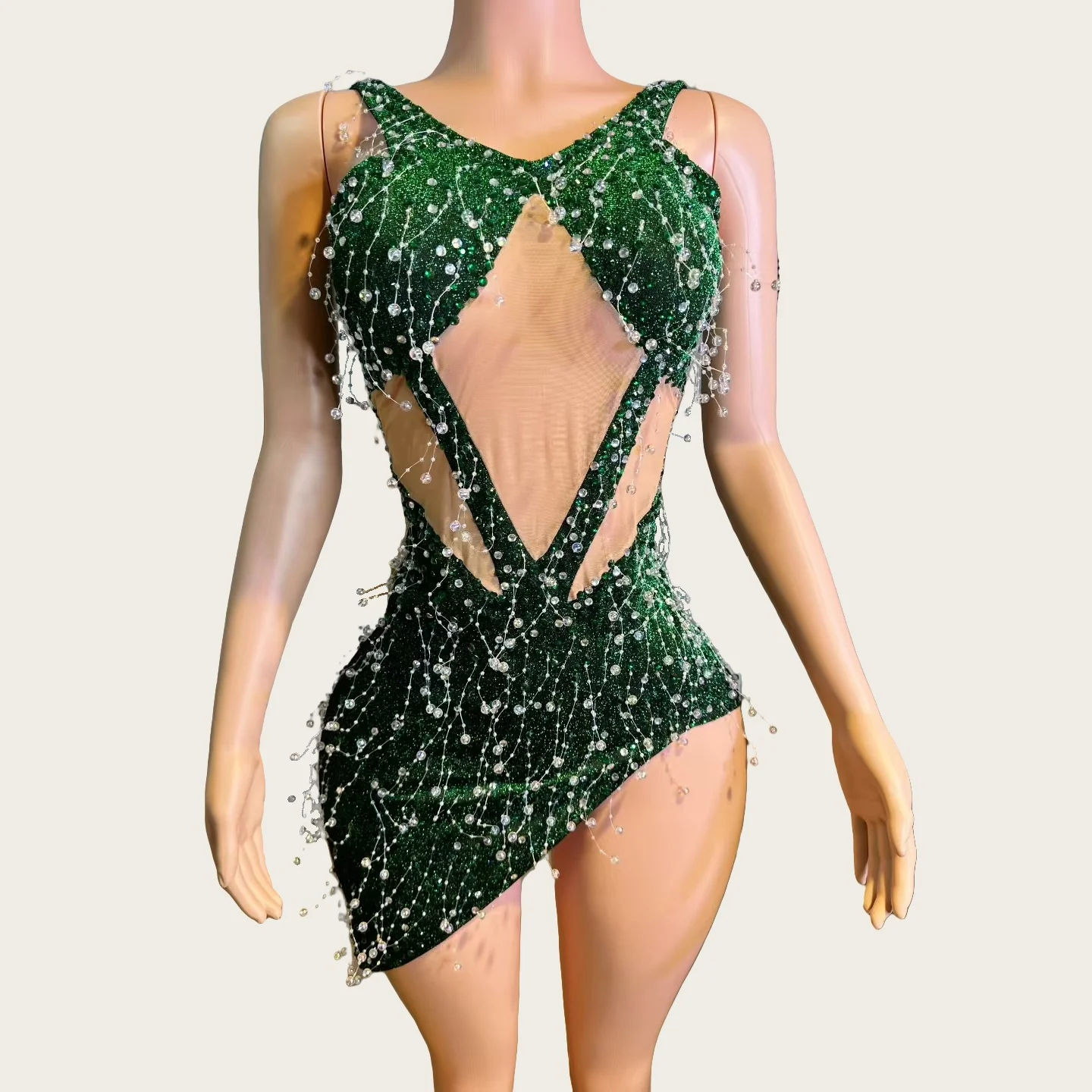 

Women Tassel Rhinestone Green Latino Dance Dress Stage Drag Queen Performance Asymmetrical Spandex Sleeveless Mini Dress Yulou